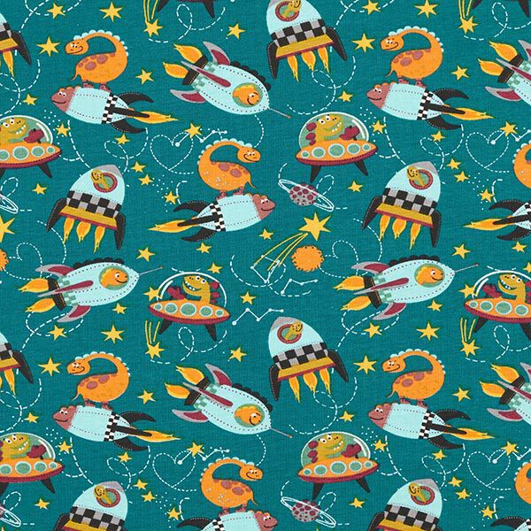 Cotton Jersey Dinosaurs in Space – petrol, image number 1
