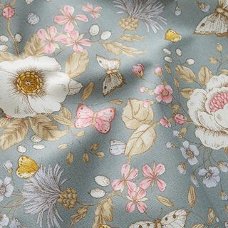 Decor Fabric Half Panama Flower Garden – dove blue/pink, 