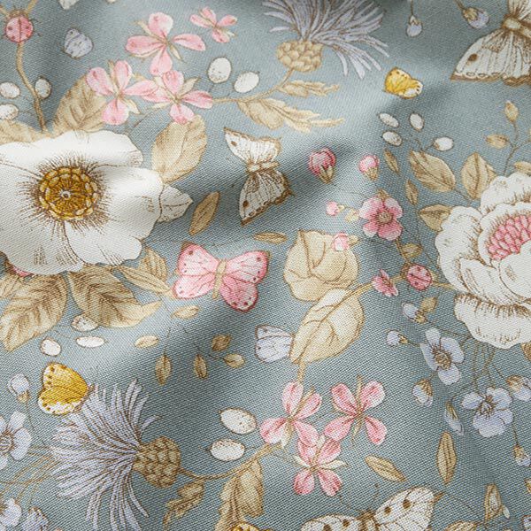 Decor Fabric Half Panama Flower Garden – dove blue/pink,  image number 2