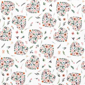 Cotton fabric Percale Flowers in hearts – white/pink, 