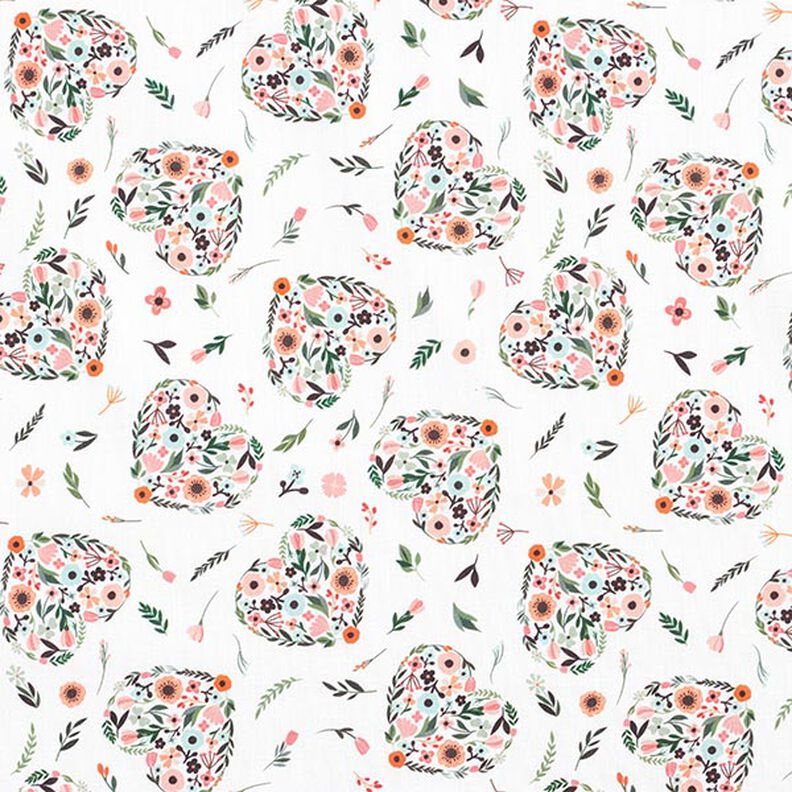 Cotton fabric Percale Flowers in hearts – white/pink,  image number 1