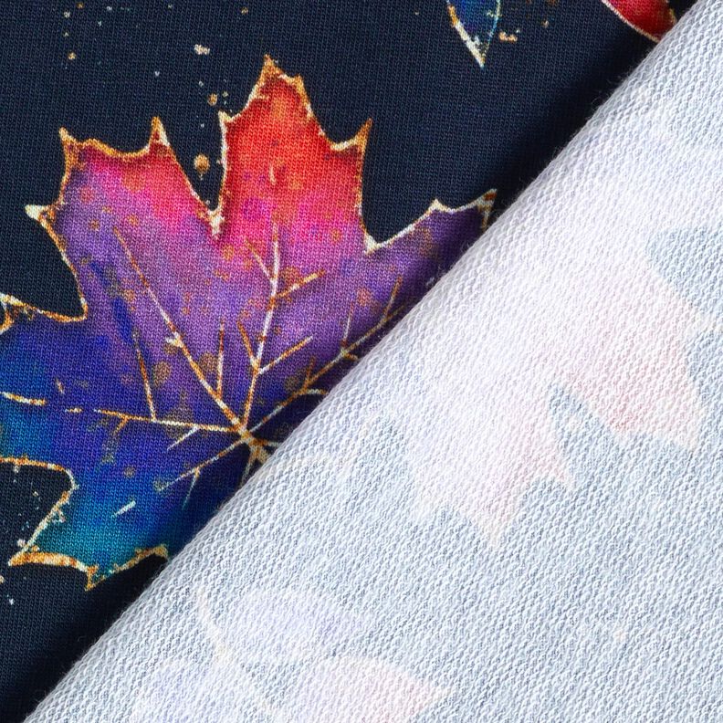 French terry colourful autumn leaves | Glitzerpüppi – midnight blue/fire red, image number 4