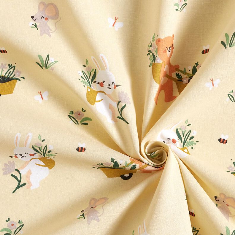 Cotton Poplin Animals picking flowers – vanilla yellow,  image number 3