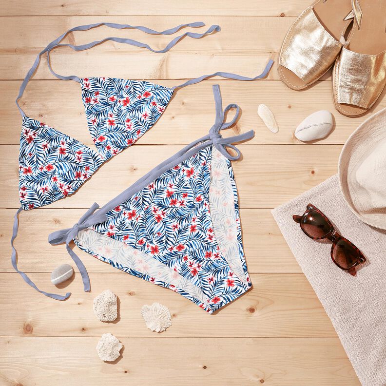 Swimsuit Fabric Flowers and palm fronds – white/indigo,  image number 6