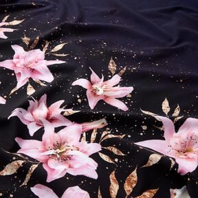 French Terry Border fabric lilies and gold speckled leaves | Glitzerpüppi – blue-black/light pink, 