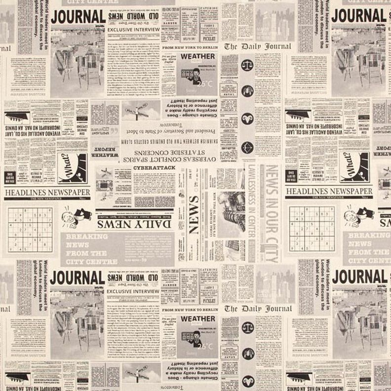 Decor Fabric Half Panama vintage newspaper – natural/black,  image number 1