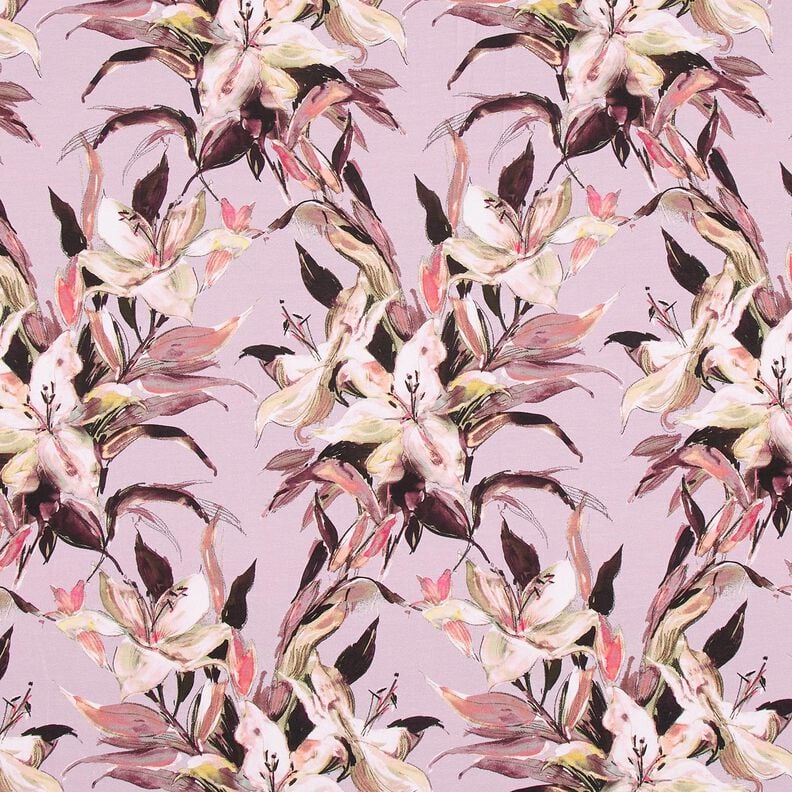 Cotton Jersey large lilies digital print – pastel violet/greige, image number 1