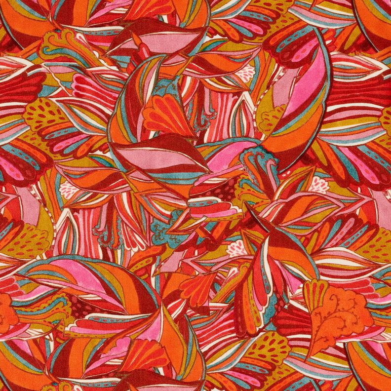 Beachwear viscose fabric peacocks and flowers – orange/burgundy, image number 1