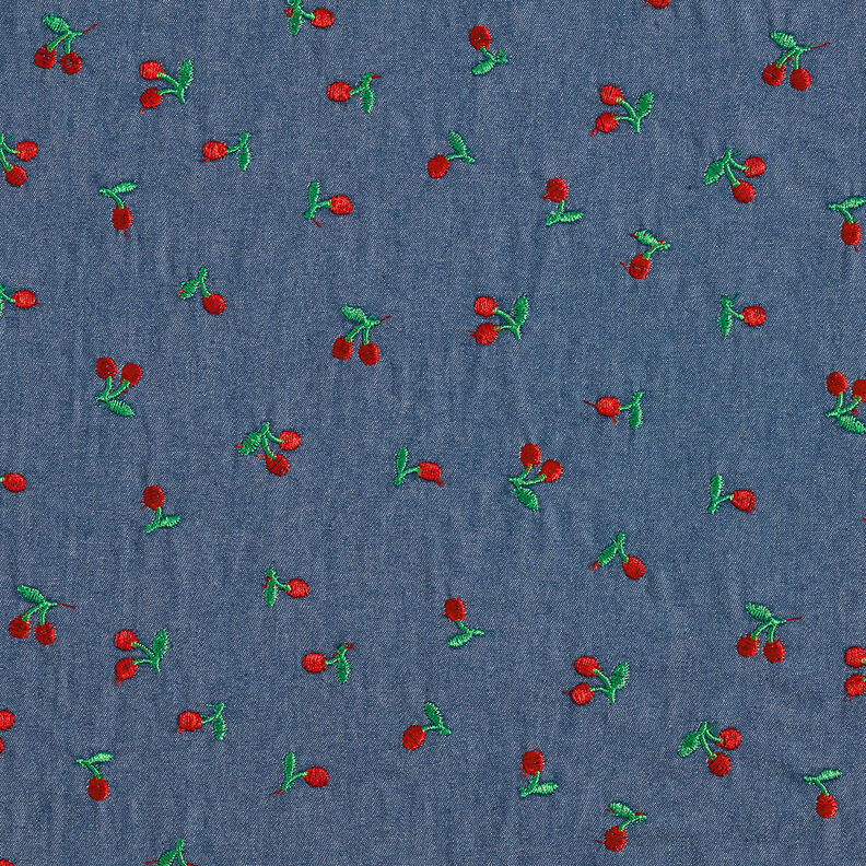 Chambray embroidered cherries – denim blue,  image number 1