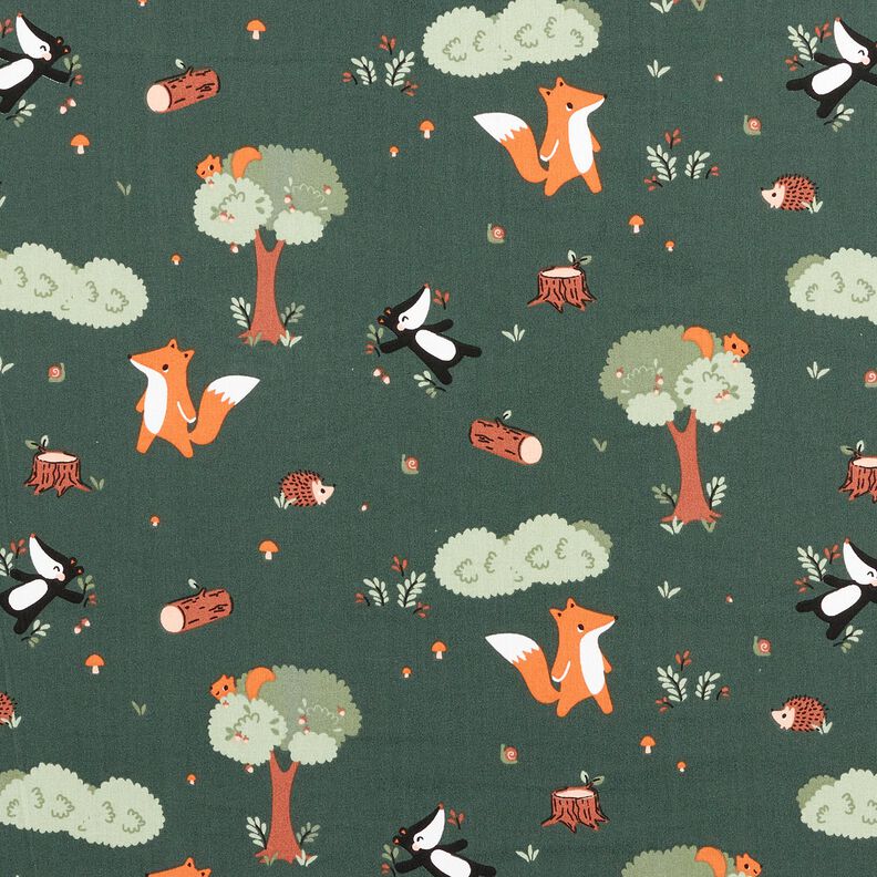 Cotton Poplin Happy Woodland Animals – dark green/peach orange, image number 1