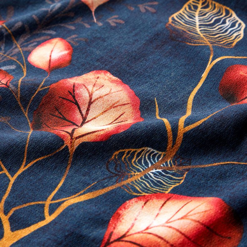 French terry Border Fabric autumn leaves | Glitzerpüppi – navy blue/peach orange, image number 6