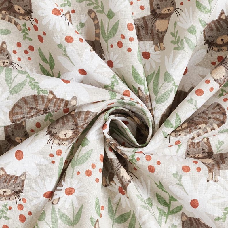 Cotton Cretonne Cats in the flower meadow – silver grey,  image number 3
