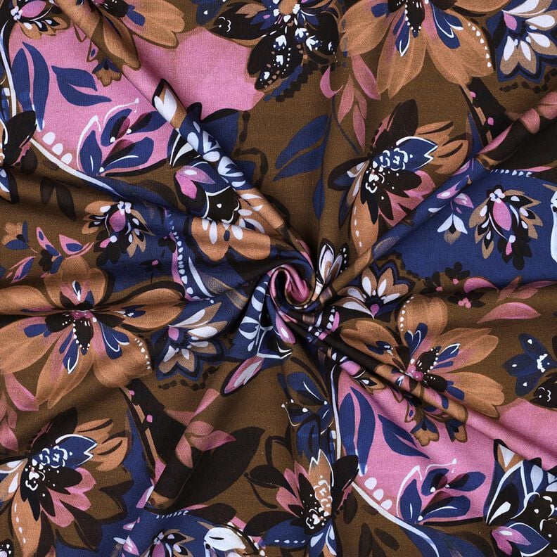 French Terry Painted Flowers Digital Print – indigo/chestnut, image number 3