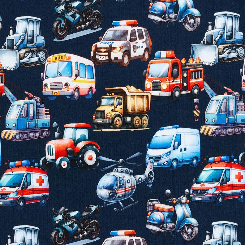 French Terry Vehicles Digital Print – navy blue, image number 1