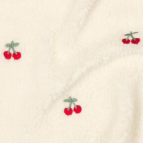 Teddy Fur embroidered cherries | Poppy Fabrics – ivory/chili, 