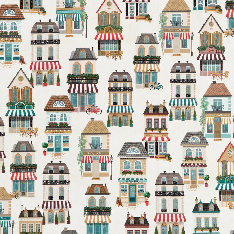 Decor Fabric Half Panama nostalgic houses – offwhite/beige,  image number 1
