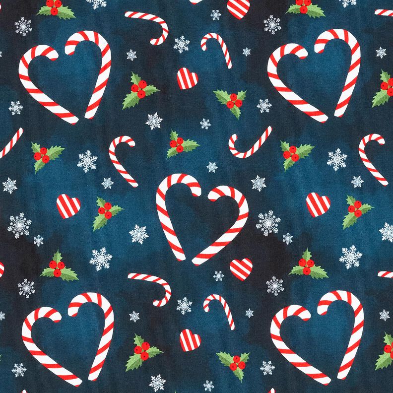 French Terry Candy Cane Hearts | Glitzerpüppi – midnight blue/chili, image number 1