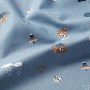 GOTS Cotton Poplin Bear and owl on the move – light wash denim blue, 