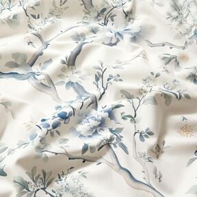 Decor Fabric Half Panama painted branches – white/blue grey, 