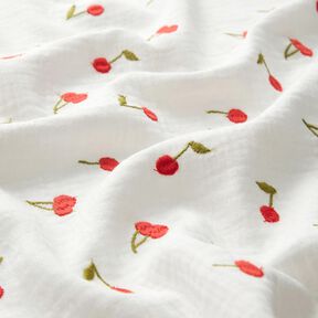 Double Gauze/Muslin embroidered cherries | Poppy Fabrics – white/fire red | Remnant 60cm, 