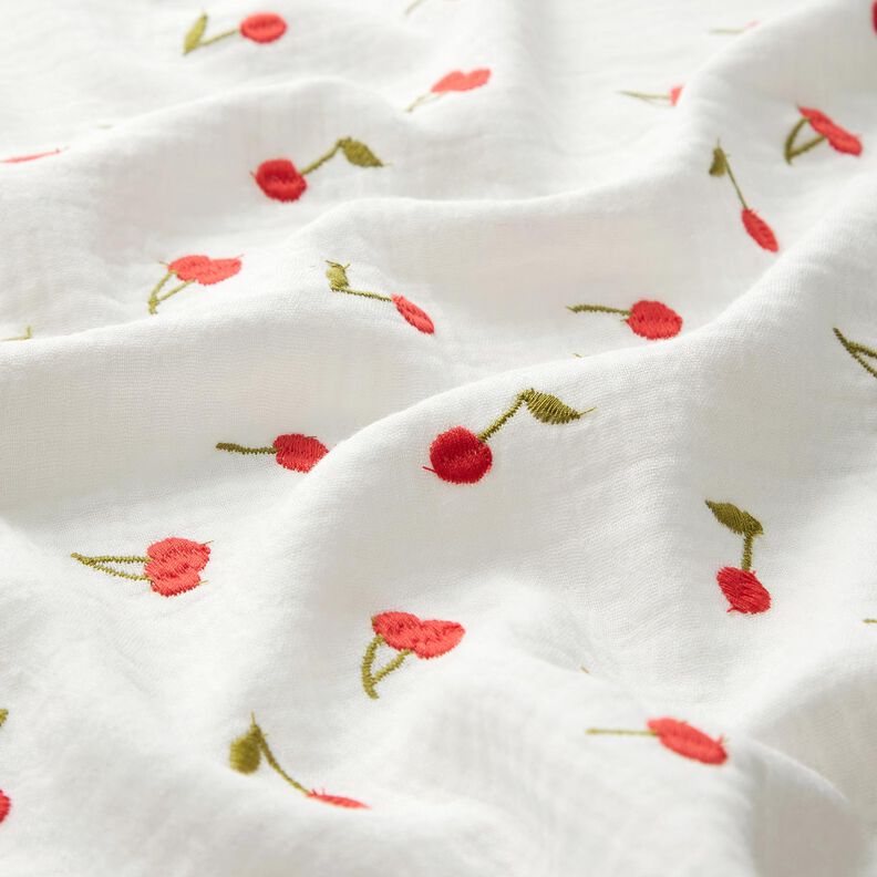 Double Gauze/Muslin embroidered cherries | Poppy Fabrics – white/fire red,  image number 2