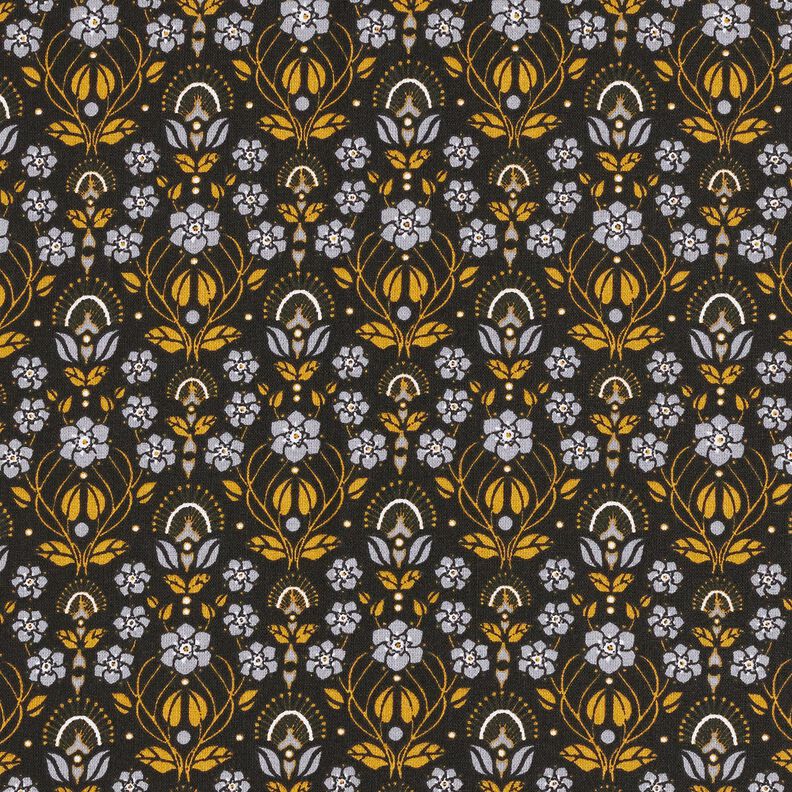 Cotton Cretonne climbing flowers – black/curry yellow,  image number 1