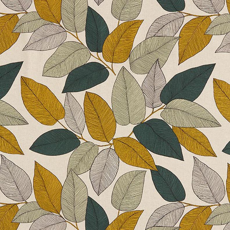 Decor Fabric Half Panama large leaves – green/natural,  image number 1