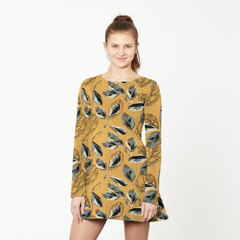 Viscose Jersey large autumn leaves – curry yellow/slate grey, image number 6