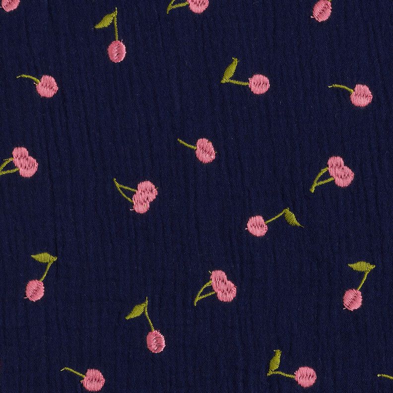 Double Gauze/Muslin embroidered cherries | Poppy Fabrics – midnight blue/pink,  image number 1