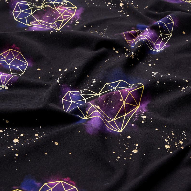 Cotton Jersey Origami hearts with gold sprinkles | Glitzerpüppi – black/lilac,  image number 2
