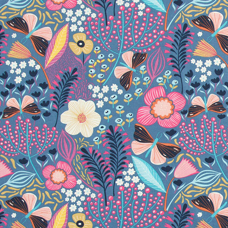 Cotton Cretonne butterflies and flowers – blue grey/pink,  image number 1