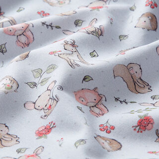 Cotton Poplin cute meadow animals Digital Print – silver grey, 