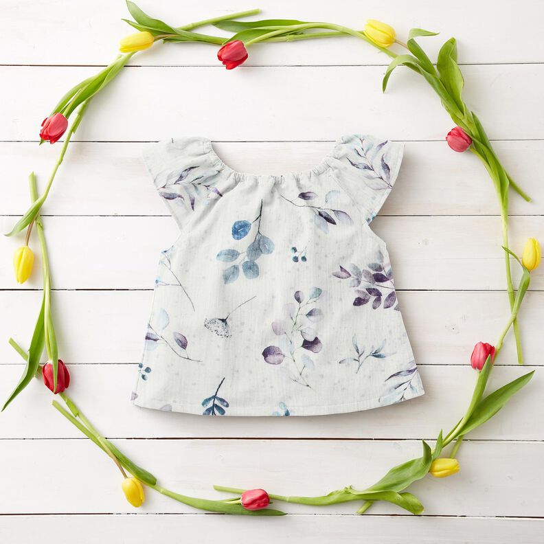 Double Gauze/Muslin Watercolor eucalyptus branches – offwhite/aqua blue,  image number 5