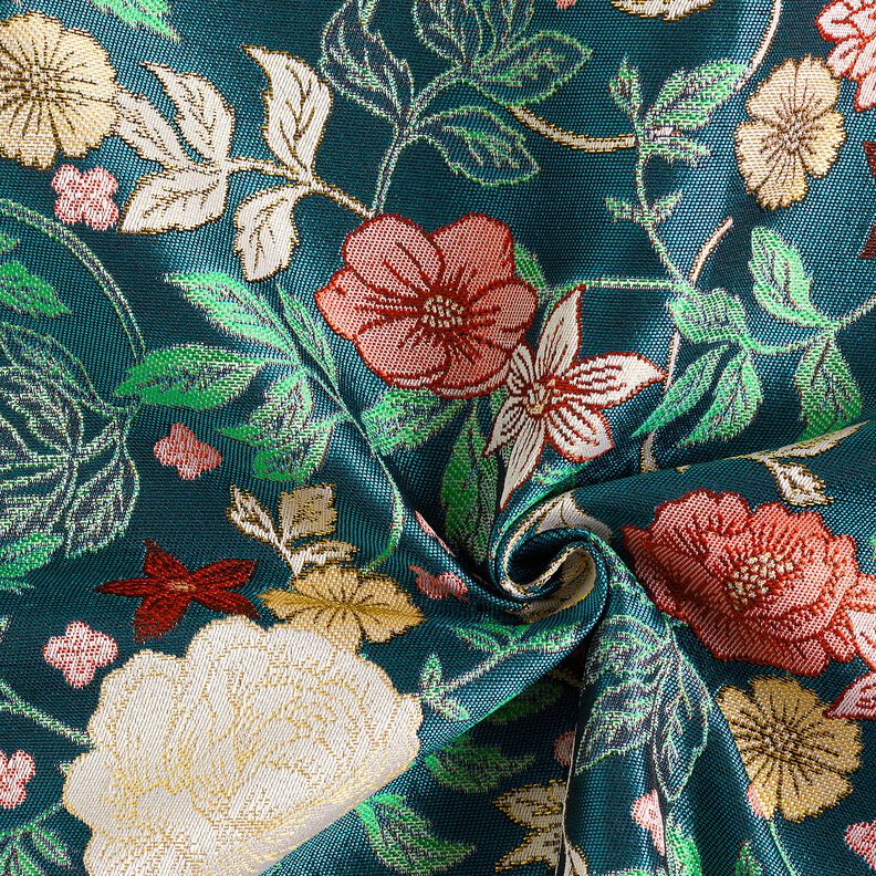 Decor Fabric Jacquard vintage flowers – petrol/dark red, image number 3