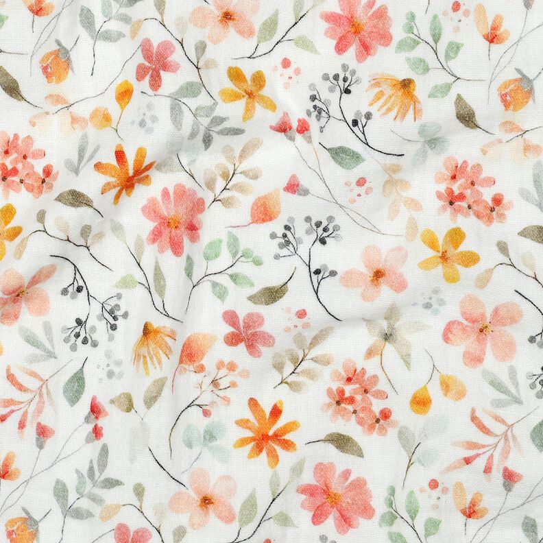 Double Gauze/Muslin Colourful Floral Meadow Digital Print | Poppy Fabrics – ivory/peach orange, image number 2