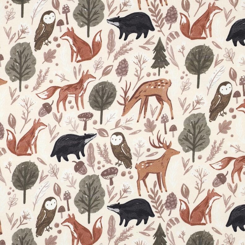 Brushed Sweatshirt Fabric animals in the wood Digital Print | Poppy Fabrics – offwhite,  image number 1