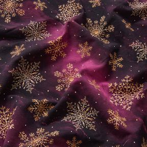 French Terry Snowflakes Milky Way | Glitzerpüppi – aubergine/antique gold, 