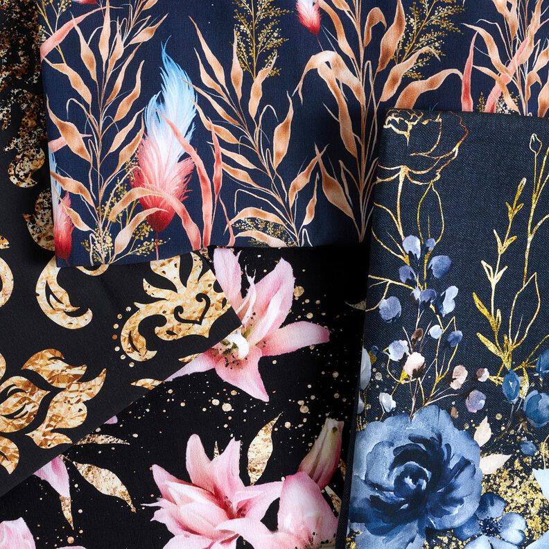 French Terry Border fabric golden ornaments | Glitzerpüppi – black/antique gold,  image number 9