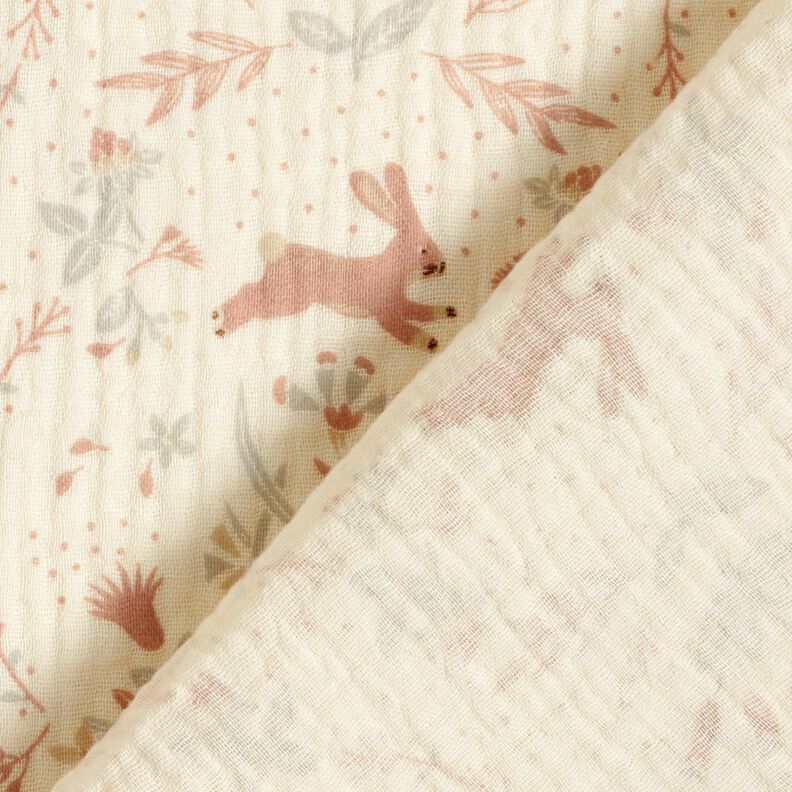 Double Gauze/Muslin Bird and rabbit in a flower garden – offwhite,  image number 4