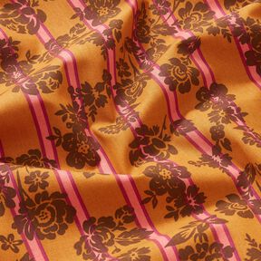 Cotton Cretonne Flowers on Stripes – curry yellow/purple, 