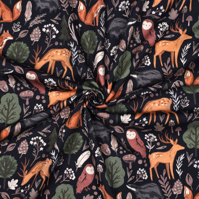 Brushed Sweatshirt Fabric animals in the wood Digital Print | Poppy Fabrics – midnight blue,  image number 3