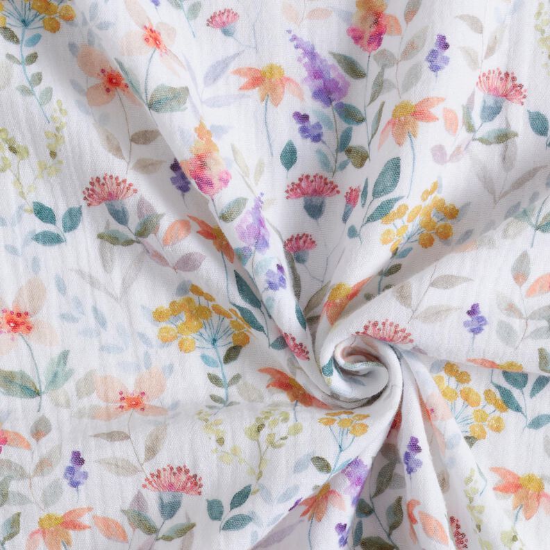 Double Gauze/Muslin Watercolour Floral Meadow Digital Print | Poppy Fabrics – white,  image number 3