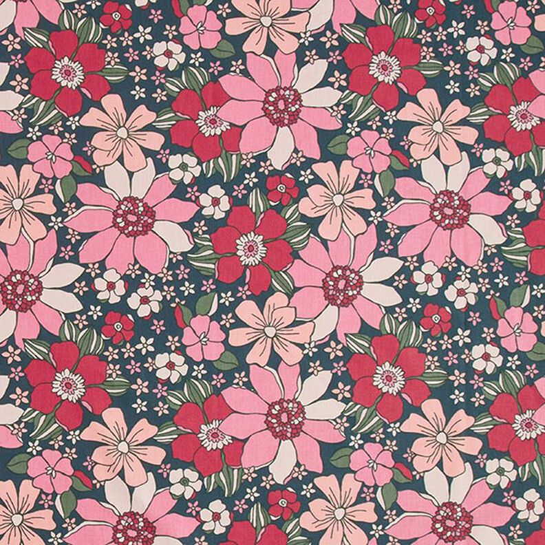 Cotton Cretonne Retro Flowers – petrol/pink,  image number 1