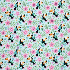 Cotton Jersey Toucans in the flower jungle – baby blue/orange, 