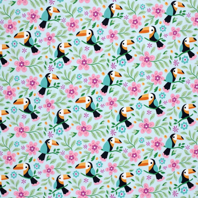 Cotton Jersey Toucans in the flower jungle – baby blue/orange,  image number 1
