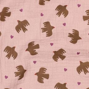 GOTS Double Gauze/Muslin Birds and hearts | Poppy Fabrics – dusky pink, 