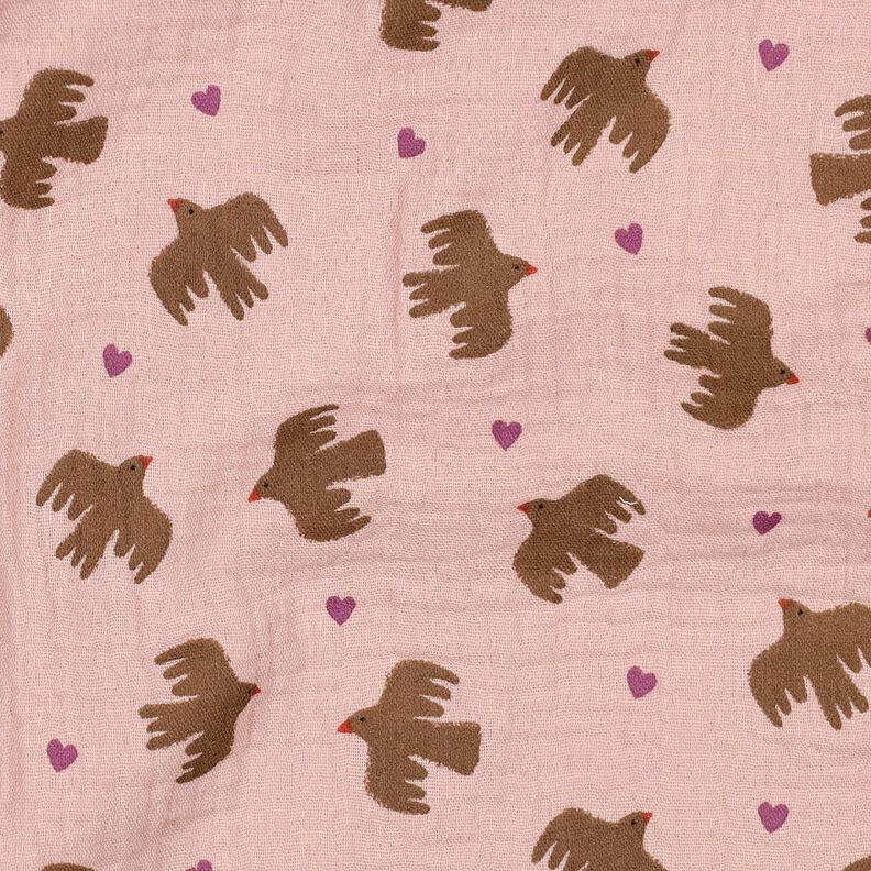 GOTS Double Gauze/Muslin Birds and hearts | Poppy Fabrics – dusky pink, image number 3