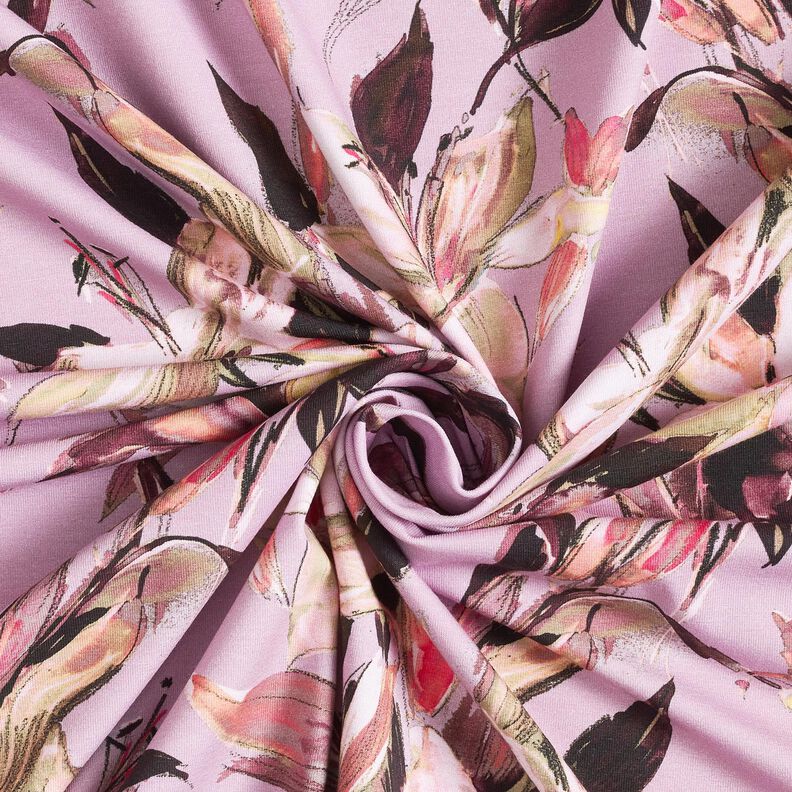 Cotton Jersey large lilies digital print – pastel violet/greige, image number 3