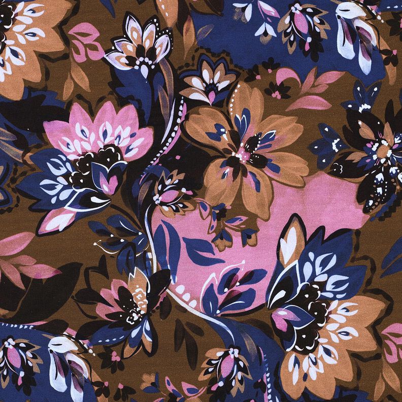 French Terry Painted Flowers Digital Print – indigo/chestnut, image number 1