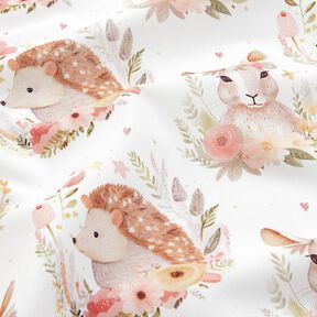 Cotton Poplin Hare and hedgehog in a flower circle Digital Print – ivory, 